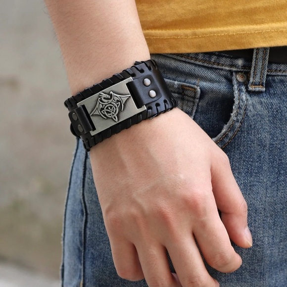 Men's Style Alloy Totem Charm Braided Leather Bracelet Wide Wristband - Picture 3 of 7